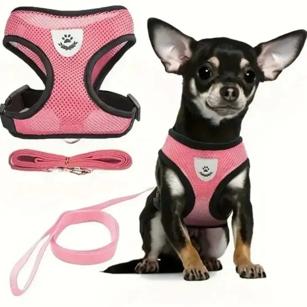 NEW Pink Breathable Mesh‎ Dog Harness w Leash Adjustable Soft Puppy Pet Vest M L